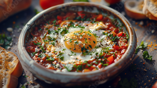 Hearty Shakshuka with Poached Egg, Fresh Herbs and Spices, Rustic Breakfast