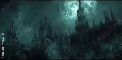 Grim cityscape enveloped in darkness, with the luminous orb of a full moon hovering overhead, heightening the sense of foreboding and otherworldly allure in the nocturnal cityscape.