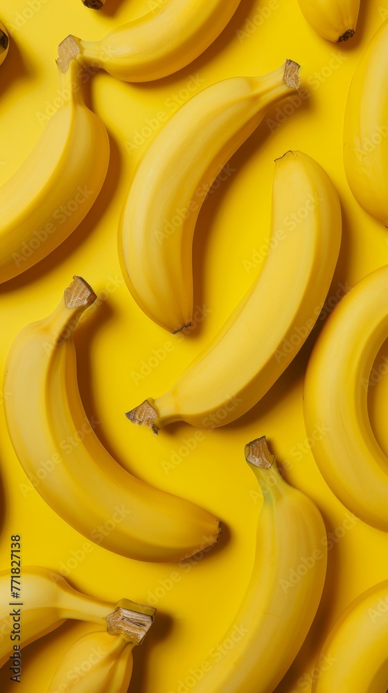 Scattered bunch of bananas arranged on a cheerful yellow background, exuding tropical freshness and vibrant energy. Scattered bunch of bananas arranged on a cheerful yellow background, exuding tropical freshness and vibrant energy.