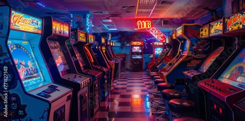 Vibrant neon sign lighting up a vibrant video game arcade scene, with enthusiastic players enjoying a diverse array of digital challenges.