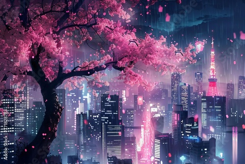 Fantasy Japanese night cityscape with neon lights, cherry blossom tree, skyscrapers, pink, anime inspired digital art photo