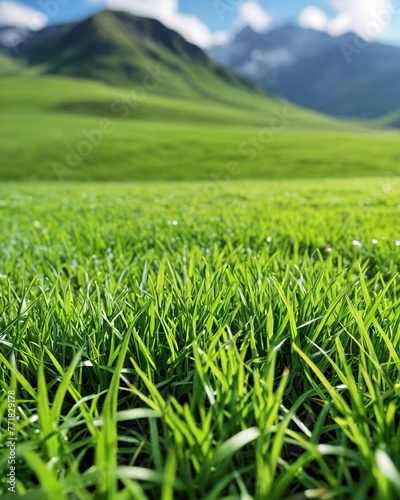 Green alpine meadows against the backdrop of mountains. Lawn in the mountains. Background of green grass in wild nature