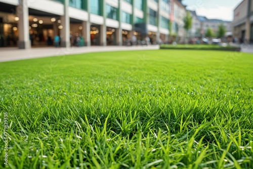 Texture of spring grass against the backdrop of a large shopping center. Green lawn in the city against the backdrop of a store.