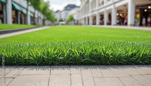 Texture of spring grass against the backdrop of a large shopping center. Green lawn in the city against the backdrop of a store.