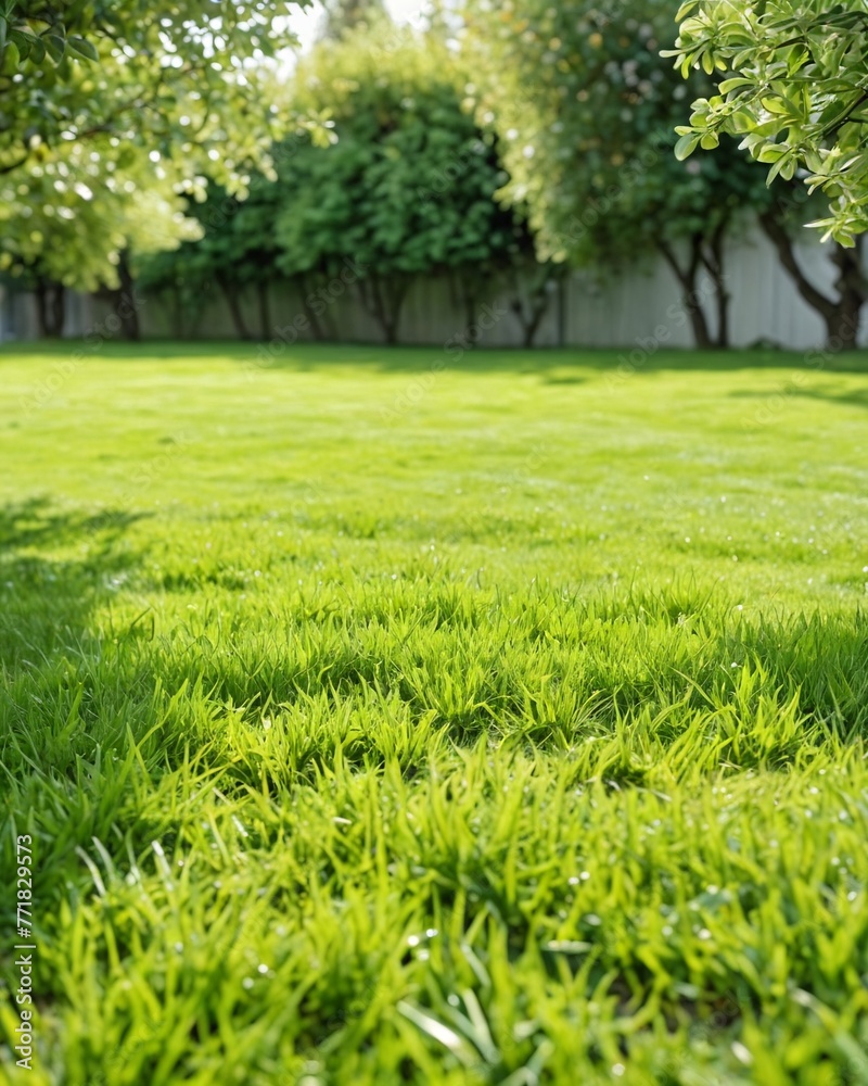 Green lawn against the backdrop of a garden with trees. Sunny and bright day. Green grass against a background of trees in the garden. Green lawn against the backdrop of a garden with trees. Sunny and bright day. Green grass against a background of trees in the garden.