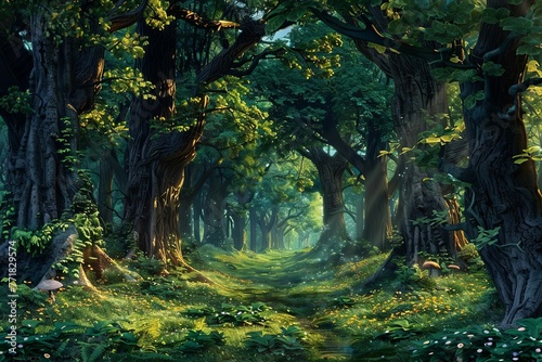 Enchanted fairytale forest with majestic trees and lush vegetation, digital painting © Lucija
