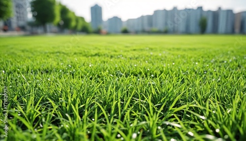 Cityscape with green lawn outdoors. City Park. Green background with copy space.