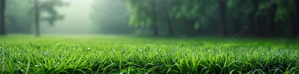 Fototapeta premium Green lawn with fresh grass against the backdrop of a foggy forest. Nature spring grass background texture