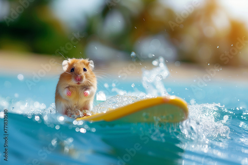 Summer vacation for pets. Adorable hamster surving on tropical beach waves. High quality photo photo