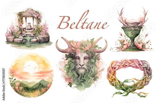 Green and Pink fertility festival Set of Beltane Wiccan watercolor illustrations. Wheel of the year isolated folklore art. Celtic pagan PNG bundle with Horned God, handfasting cord and sacred well.
