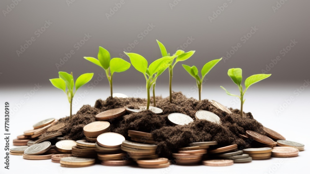 Ascending coin stacks with correlating numbers of sprouts, set against a soil, symbolize financial. Ai generated