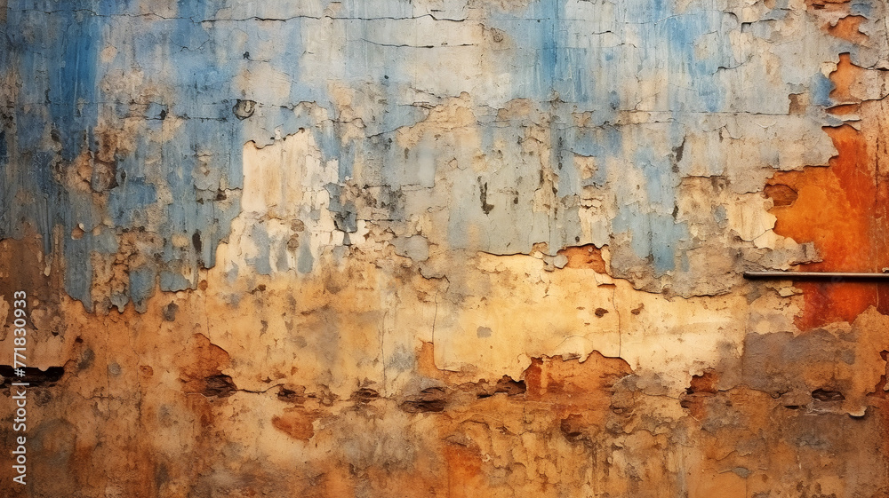 An abstract image showcasing the textured surface of a wall with peeling blue and orange paint, suggesting decay -- Generative AI An abstract image showcasing the textured surface of a wall with peeling blue and orange paint, suggesting decay -- Generative AI