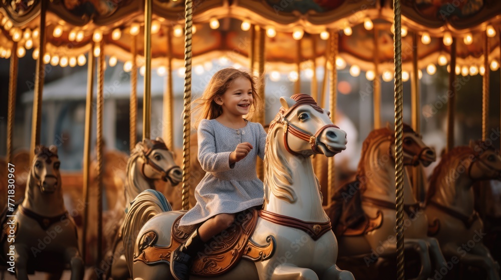 Joyful girl smiling while riding a decorated carousel horse at a colorful carnival