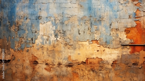 An abstract image showcasing the textured surface of a wall with peeling blue and orange paint, suggesting decay -- Generative AI