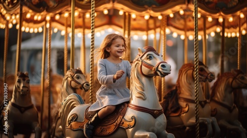 Joyful girl smiling while riding a decorated carousel horse at a colorful carnival