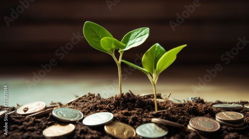 Ascending coin stacks with correlating numbers of sprouts, set against a soil, symbolize financial. Ai generated photo