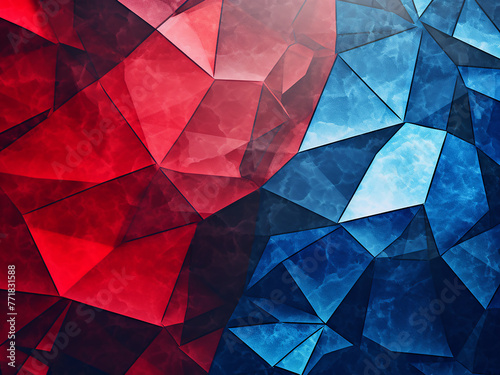 Engage with the modern abstract art depicted in a red and blue background.