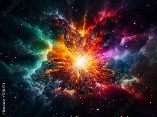 Witness the vibrant explosion of colors and particles in fractal art.