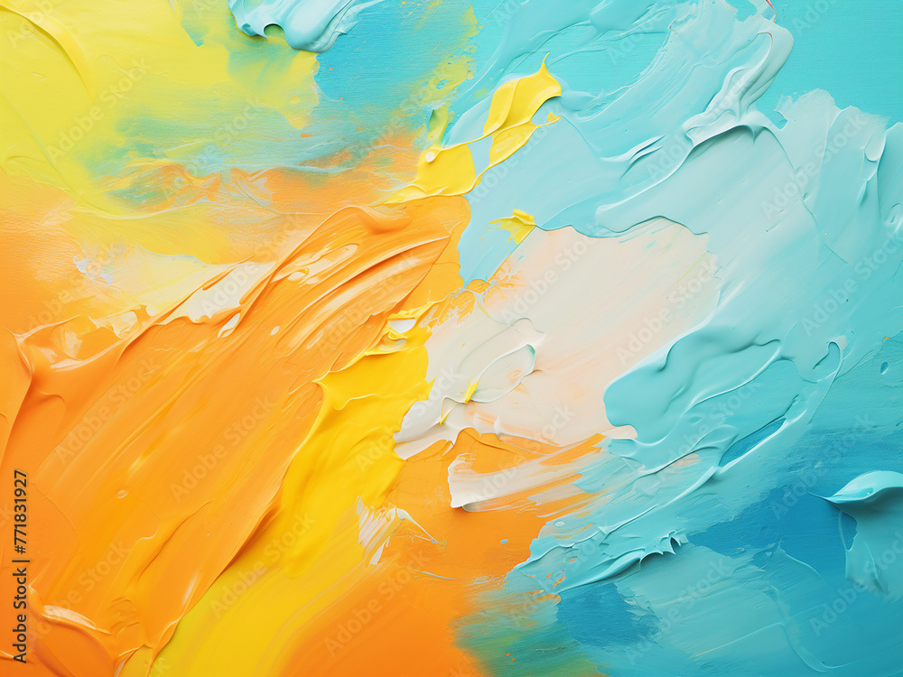 Background showcases abstract oil paint in vibrant colors.