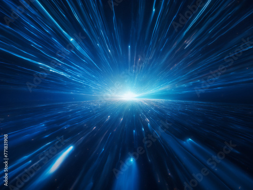 Hyperspace motion portrayed through abstract blue star trail.