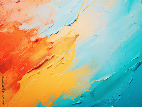 Blue, orange, yellow, and green colors blend in abstract oil paint background.