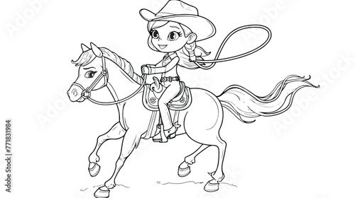 Coloring page with a cute cowgirl on a horse and la