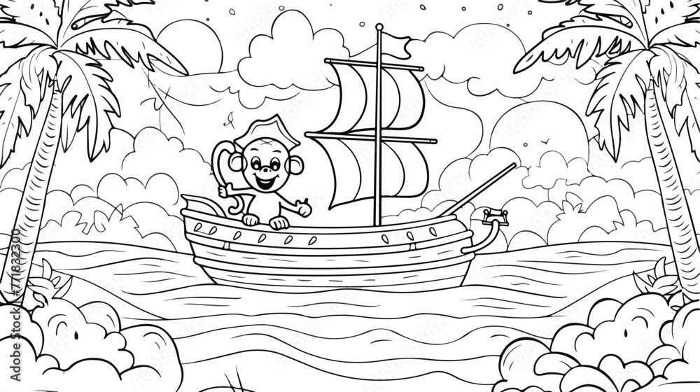 Coloring page with a pirate ship and a cute monkey.
