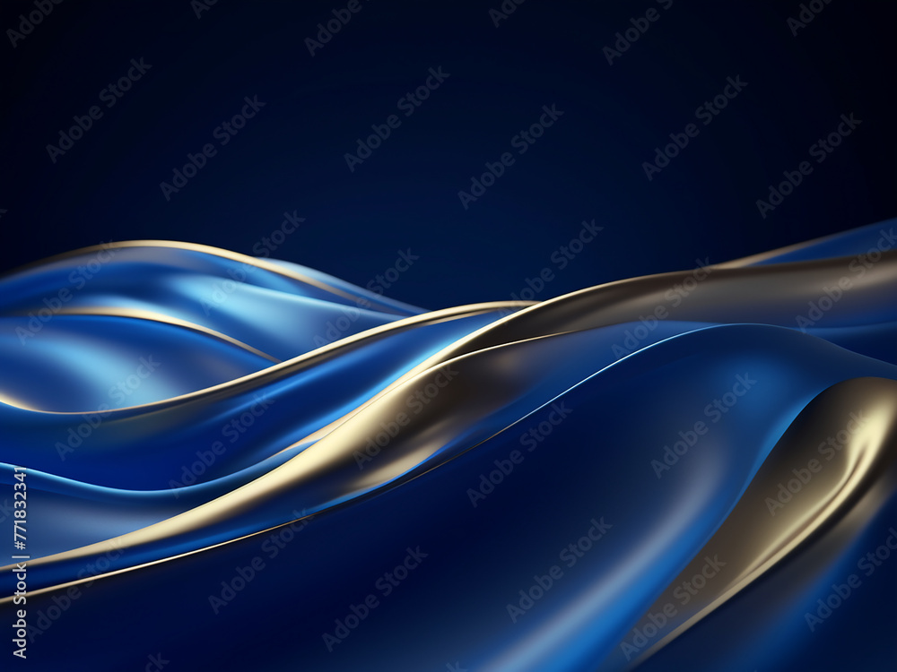 Fototapeta premium Blue wallpaper with golden lines forms wavy backdrop.