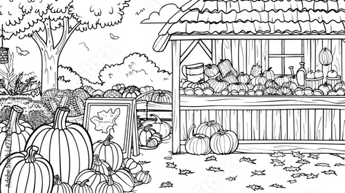 Coloring page with cute farmers market pumpkins and