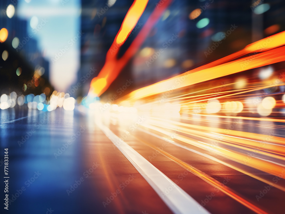 Transportation and travel concept portrayed with blurred traffic road and bokeh lights.