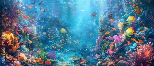 Fantasy underwater world with corals and tropical fish. marine wallpaper. undersea fauna of tropics #771833351
