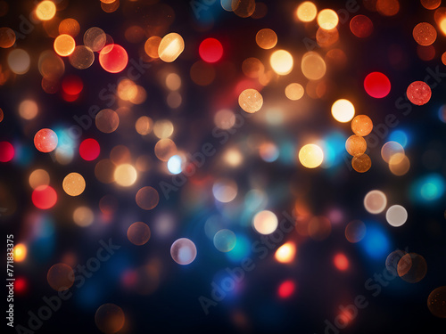 Black background highlights blurred Christmas lights in bokeh. © Llama-World-studio