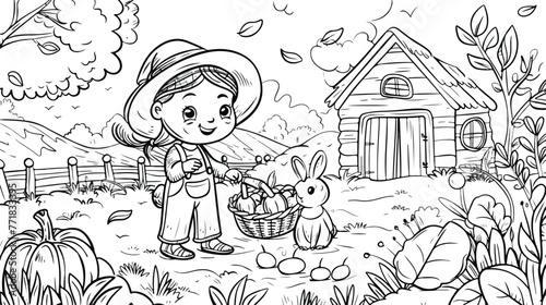 Coloring page with cute little farmer autumn harves
