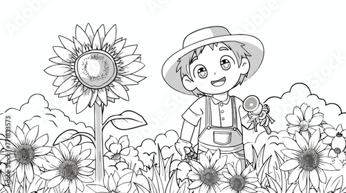 Coloring page with cute little farmer flowers and s