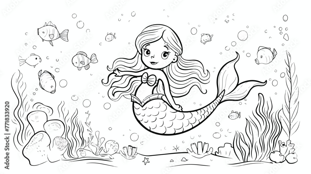Naklejka premium Coloring page with cute little mermaid. Outline vec