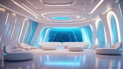 A futuristic room with white walls and blue lighting. There are several white chairs in the room.   © Awais