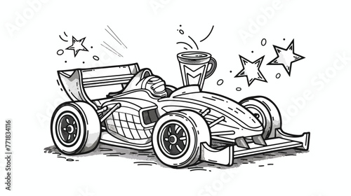 Coloring page with cute racer and win cup on white