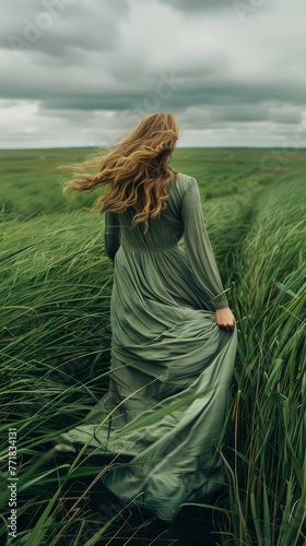 Woman walking in green windy field with tall grass wearing long dress