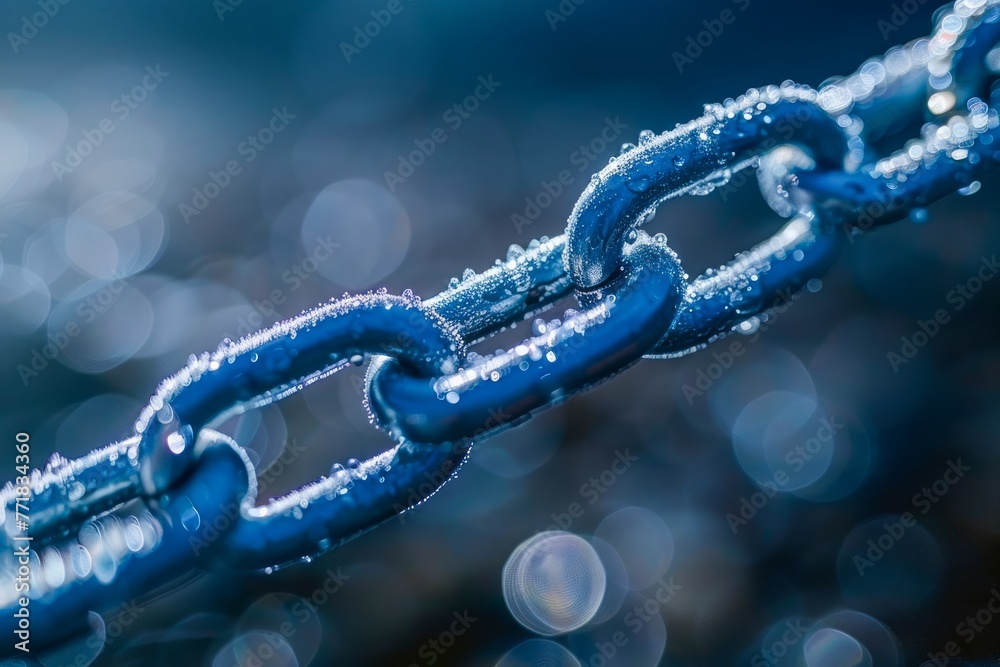 Close Up View of a Dew Covered Metal Chain with Shallow Depth of Field and Bokeh Background Close Up View of a Dew Covered Metal Chain with Shallow Depth of Field and Bokeh Background
