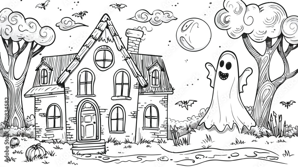 Coloring page with Halloween house and ghost. Autum