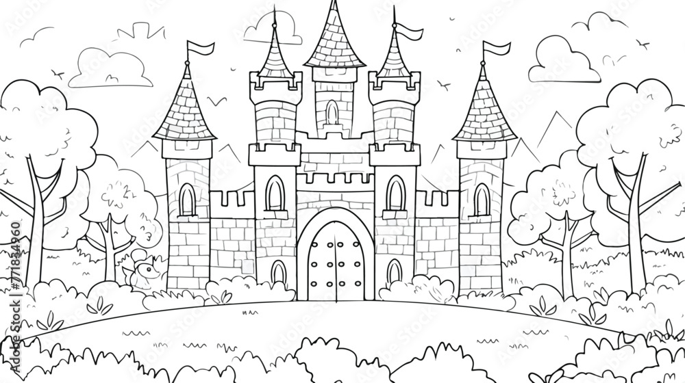 Coloring page with princess castle. Outline cartoon