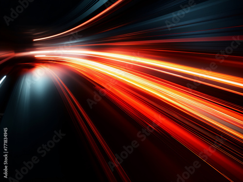 Speeding motion: light and stripes swiftly traverse the darkness.