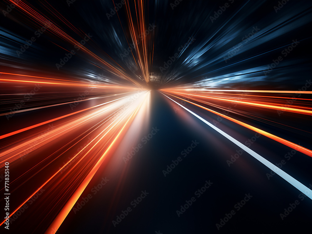 Motion blurs as light and stripes speed across the dark. Motion blurs as light and stripes speed across the dark.