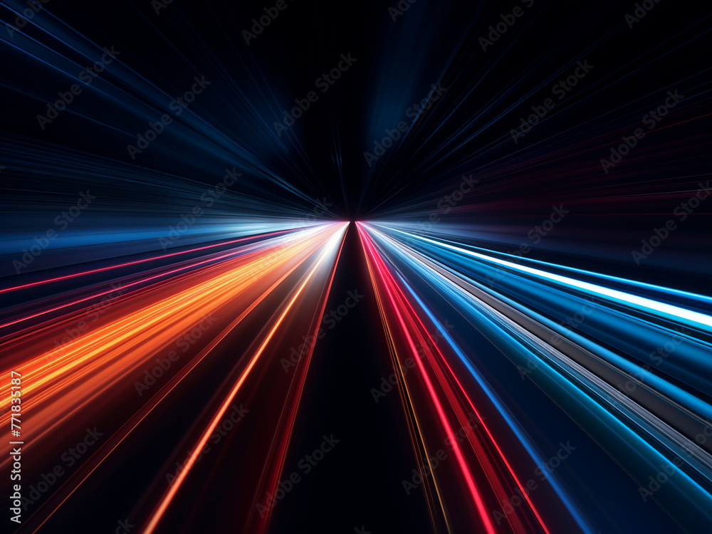 Speed drives light and stripes swiftly across the dark canvas. Speed drives light and stripes swiftly across the dark canvas.