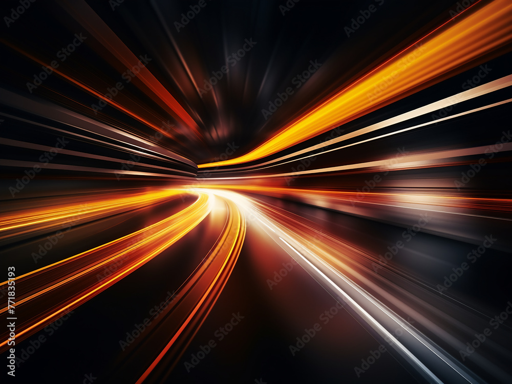 Motion blurs as light and stripes speed across the darkness. Motion blurs as light and stripes speed across the darkness.
