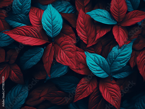 Digitally processed red and turquoise leaves offer a beautiful texture for any project.