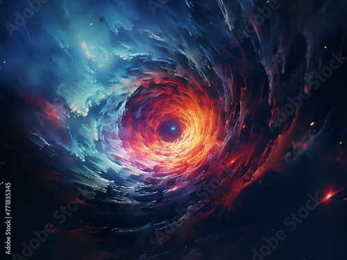 An abstract photo captures the eye of a tornado amidst vibrant motion.