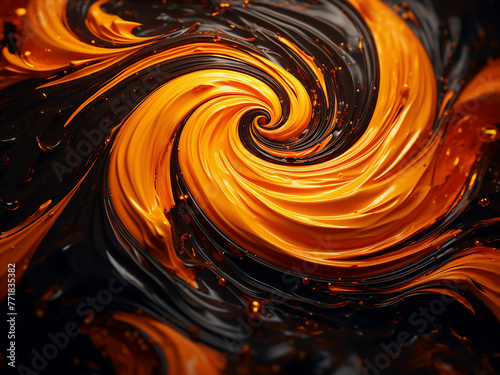 Vivid orange and black swirls intertwine in abstract imagery.