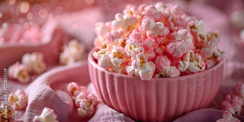 Romantic Date at the Movies: A Pink Bucket of Popcorn Against a Blurred Background. Concept Movie Night, Pink Popcorn, Romantic Date, Blurred Background, Cinematic Ambiance