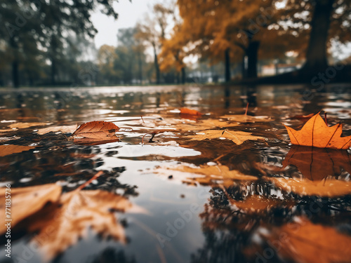 Autumn leaves floating in a park lake create a picturesque scene.